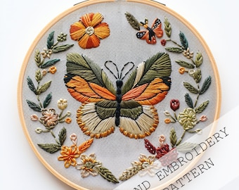 Patrón de bordado floral de mariposa, bricolaje para principiantes (descarga digital)
