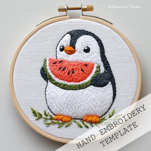 Penguin eating an watermelon, Hand Embroidery Pattern, Animal Design, Fruit Embroidery, Penguin Embroidery, Embroidery design, spring crafts