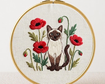 Siamese Cat Embroidery Template PDF Modern Botanical Pattern Pet Lover Needlecraft Poppy Embroidery Hoop Art Floral Pet Lover Decor Design