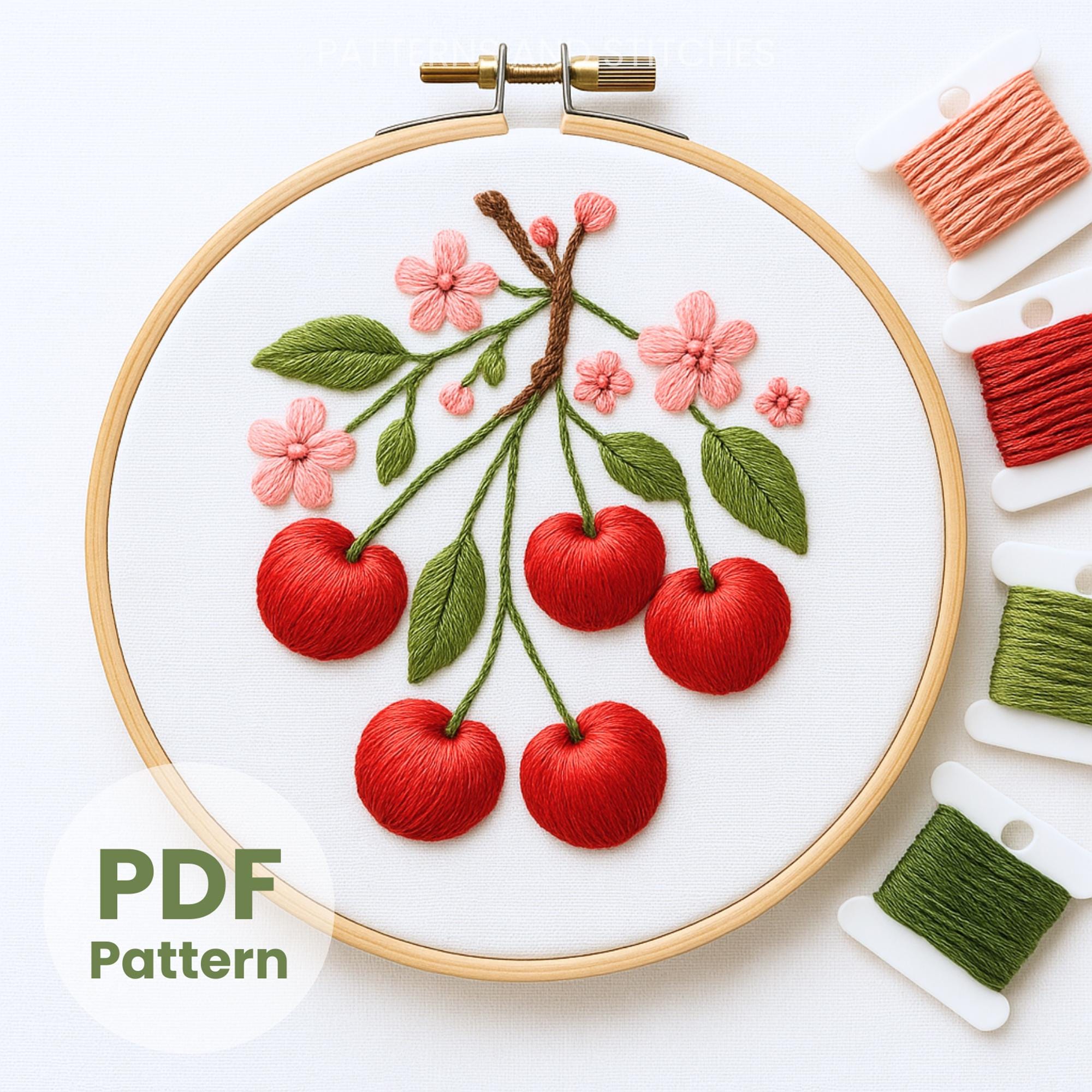 Cherry Hand Embroidery Pattern, Beginner Fruit Cross Stitch (PDF