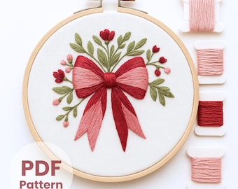 ロマンチックなリボン刺繍パターン、花束デザイン、フープアート（デジタルダウンロード）