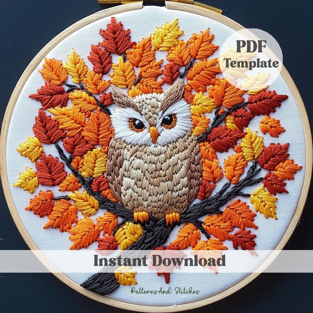 Autumn Owl Embroidery Pattern: Fall Leaves Needlework, wall decor(PDF Pattern)