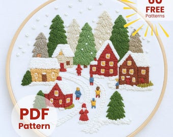 Modello PDF per villaggio turistico, include tabella colori DMC, schema ricamo natalizio, ricamo natalizio, decorazioni natalizie, download immediato