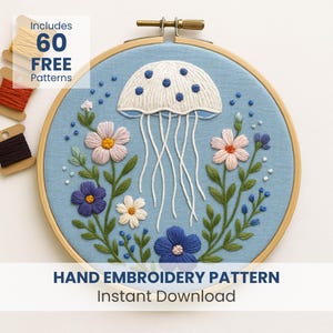 Jellyfish Embroidery Template, Floral Jellyfish Needlepoint Pattern, Ocean Embroidery Design, Beach Lover, Summer Embroidery, PDF Template
