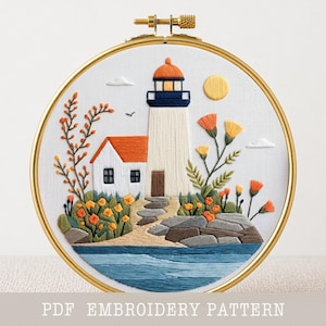 Lighthouse embroidery pattern, coastal hoop art PDF, nautical needlework, beach house wall decor, coastal embroidery, ocean scene embroidery