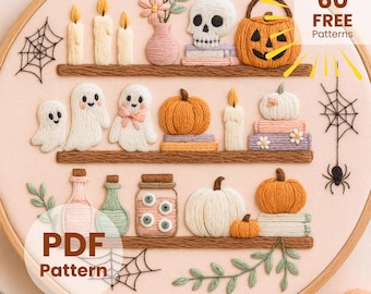 Halloween Embroidery Pattern: Spooky Bookshelf Scene, Instant Download (PDF file, 6 Sizes)