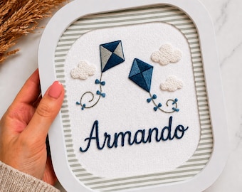 Flying Kite Name Pattern, Personalised Floral Embroidery Hoop, Custom Name Embroidered Vintage Art Nursery Decor Baby Shower Birthday Gift