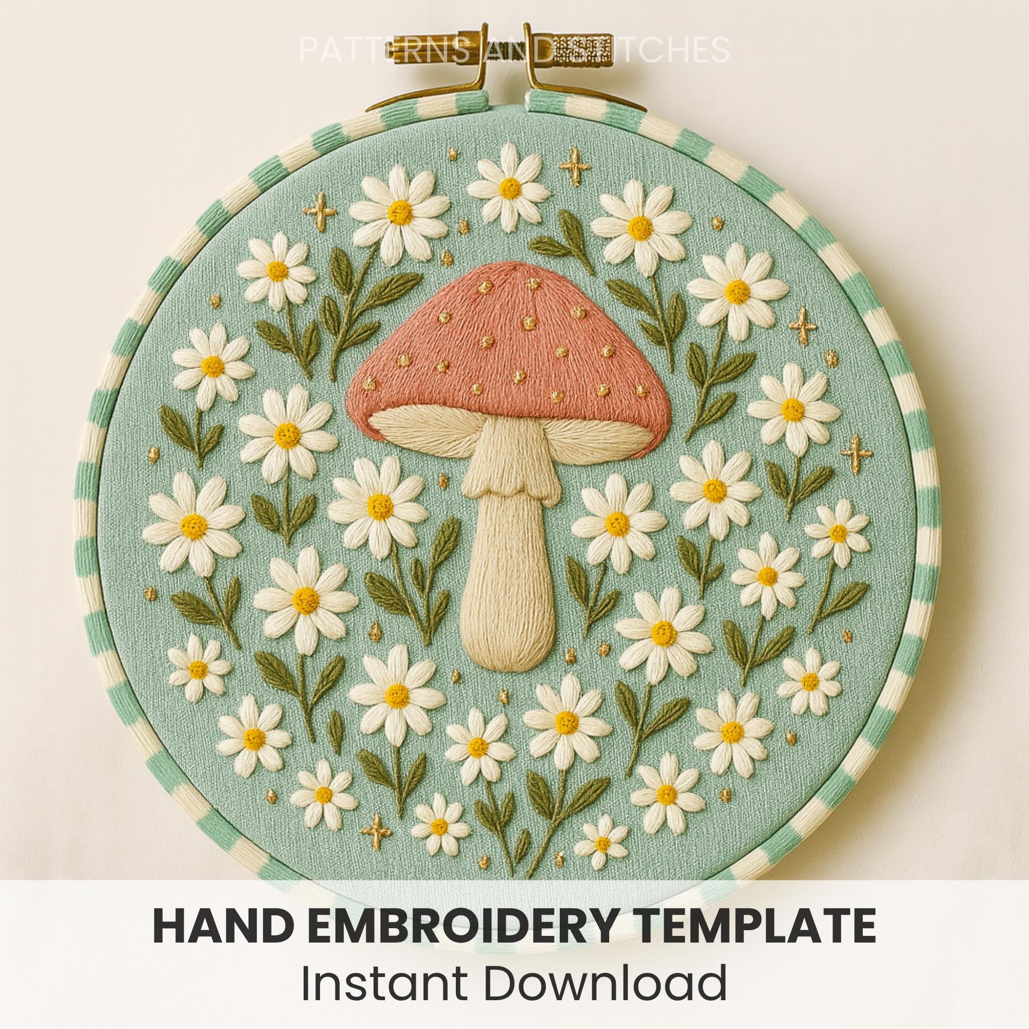 Embroidered Toadstools Toadstool & Daisy Hand Embroidery Pattern: Whimsical Garden Art (PDF ...