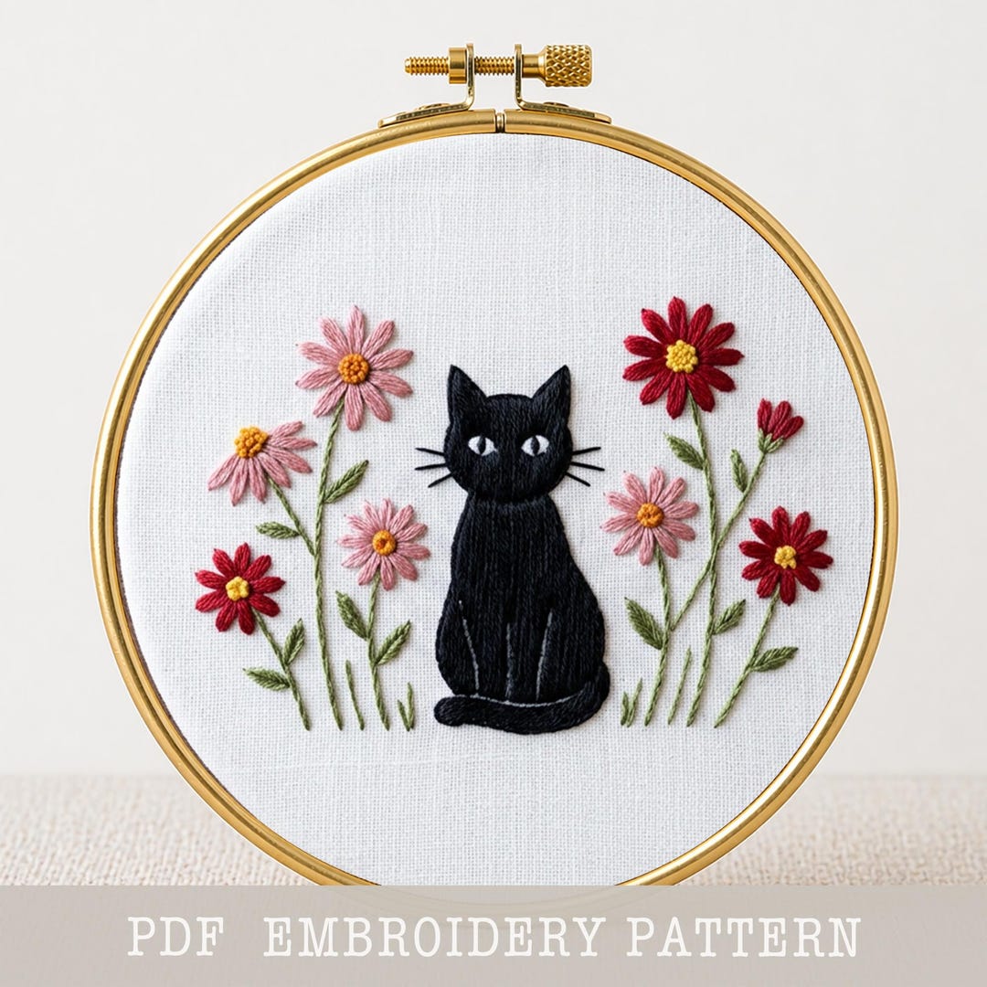 Cat Daisy Embroidery PDF Pattern Beginner Friendly Satin Stitch Hoop ...