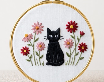 Cat Daisy Embroidery PDF Pattern Beginner Friendly Satin Stitch Hoop Art Floral Kitty Wall Decor Modern Design