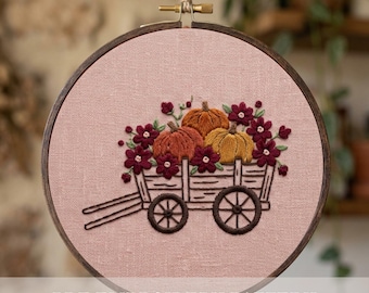 Pumpkin Wagon Embroidery Pattern PDF Fall Floral Hoop Art Autumn Flower Cart Design Wildflower Wreath File