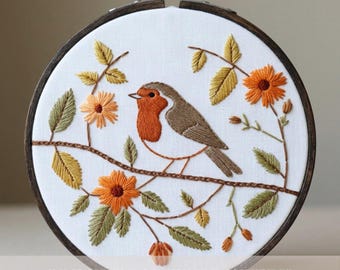 European Robin Hand Embroidery PDF Pattern Autumn Bird Digital Download Wildflower Branch Hoop Art Fall Home Decor Gift