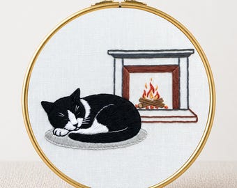 Cat Embroidery Pattern PDF Digital Download Hand Embroidery Hoop Art Beginner Friendly Tuxedo Cat Fireplace Cozy Pet Portrait Needlework