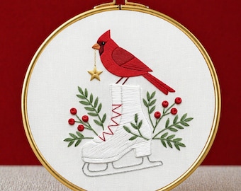 Red Cardinal Bird Hand embroidery: Ice skate pattern, Snowy design, Christmas decor (PDF template)
