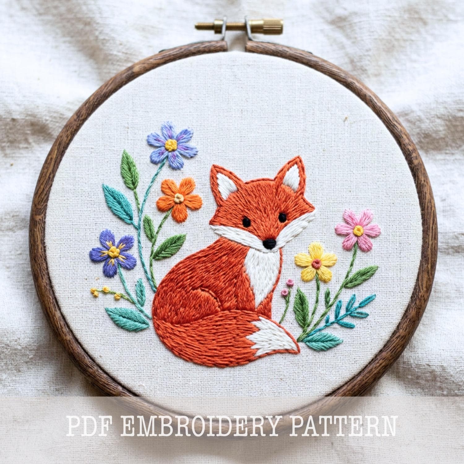 キツネの刺繍パターン：森の動物デザイン（PDFダウンロード、初心者
