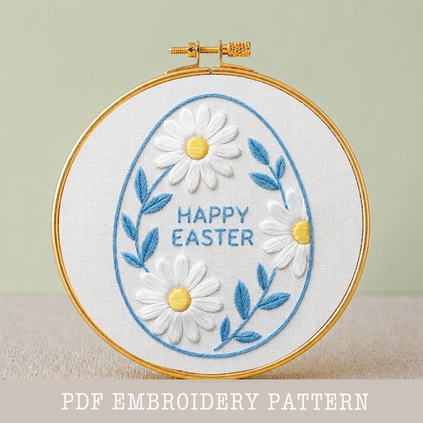 Daisies Easter Egg Embroidery Pattern PDF Floral Hoop Art Beginner Friendly Hand Embroidery Digital Download Folk Art Spring Seasonal Decor