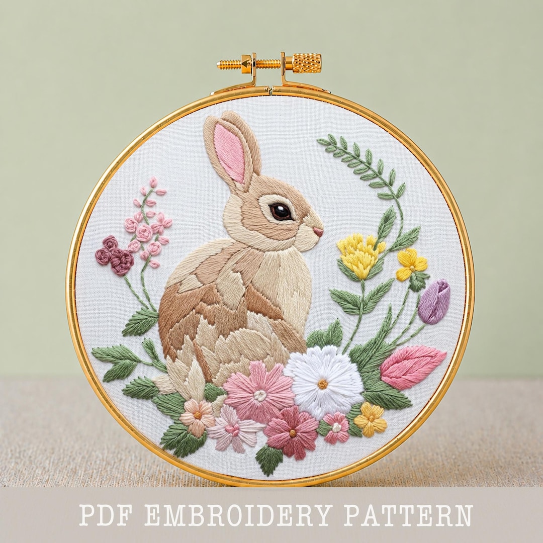 Bunny Embroidery Pattern PDF Floral Rabbit Hoop Art Hand Embroidery ...