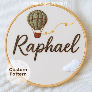 Personalised hot air balloon, Boys room decor, embroidery pattern, baby boy, nursery decor gift, DIY embroidery project, custom name gift
