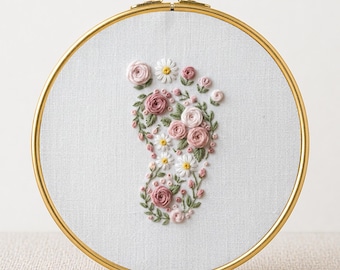 Baby Footprint Embroidery PDF Instant Download Floral Newborn Nursery Hoop Art Printable Template Baby Shower Gift New Mom Needlework