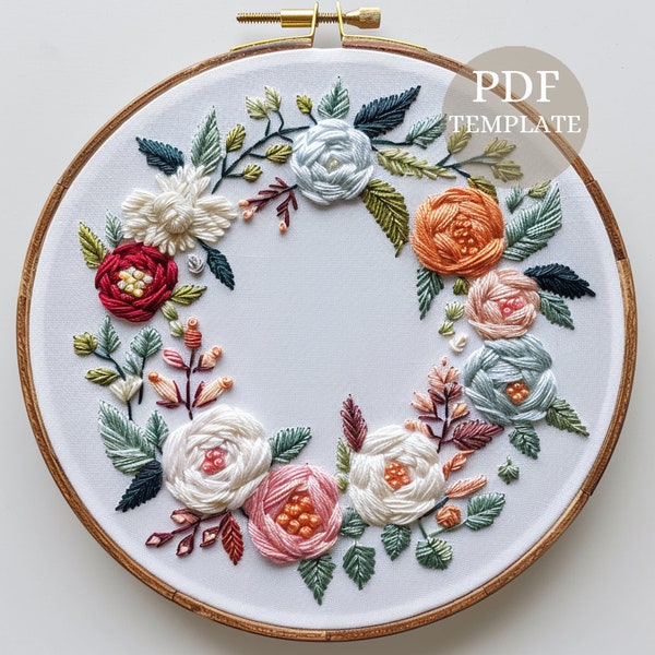 Spring wreath, Embroidery pattern, Wedding Embroidery design, Beginner embroidery pattern, Floral Summer Wreath, Floral Embroidery template