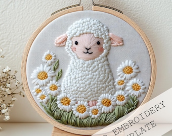 羊の刺繍パターン、初心者向けファームハウス装飾（PDFダウンロード