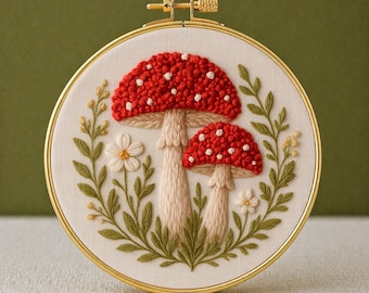 Broderimönster med paddstol, nybörjarvänlig ringkonst (digital nedladdning)