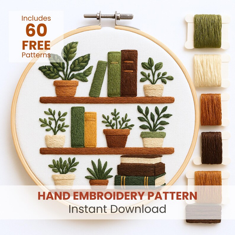 Plants Bookshelf Hand Embroidery Pattern: Book Lover Gift (PDF Pattern ...