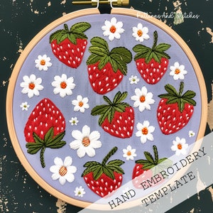 Borduurpatroon aardbeien, pdf-download, schattig aardbeidecor, keukenborduurontwerp, aardbeiborduurwerk, DIY keukendecor