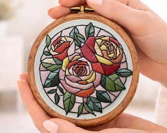 ステンドグラス風バラの刺繍パターン：花束、ニードルワーク（PDF