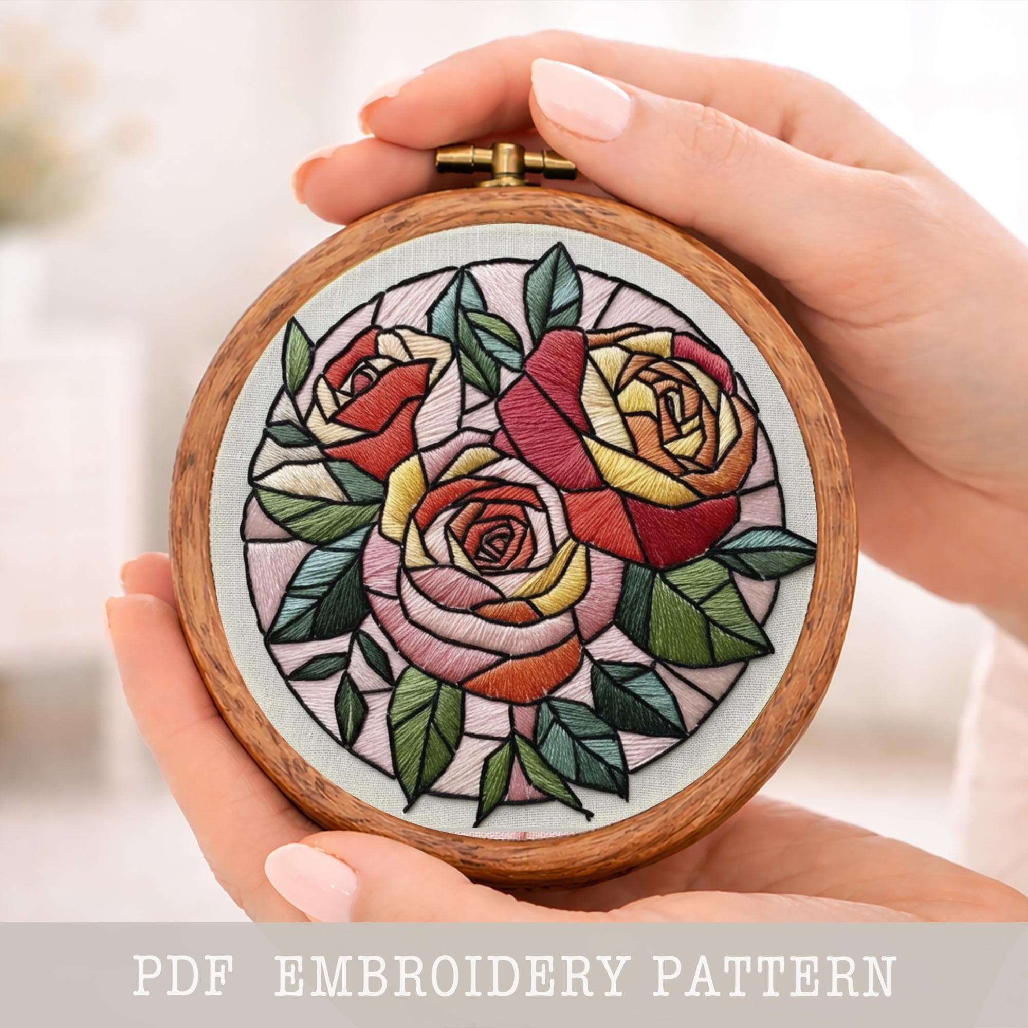 ステンドグラス風バラの刺繍パターン：花束、ニードルワーク（PDF