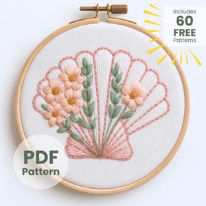Seashell Flower Hand Embroidery Pattern: Coastal Decor, summer crafts (PDF template)