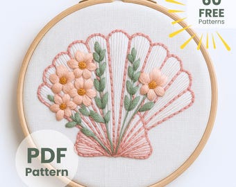 Seashell Flower Hand Embroidery Pattern: Coastal Decor, summer crafts (PDF template)