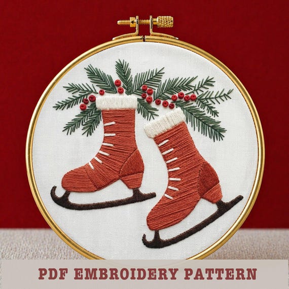 赤いアイススケートの刺繍パターン PDF デジタルダウンロード 冬の