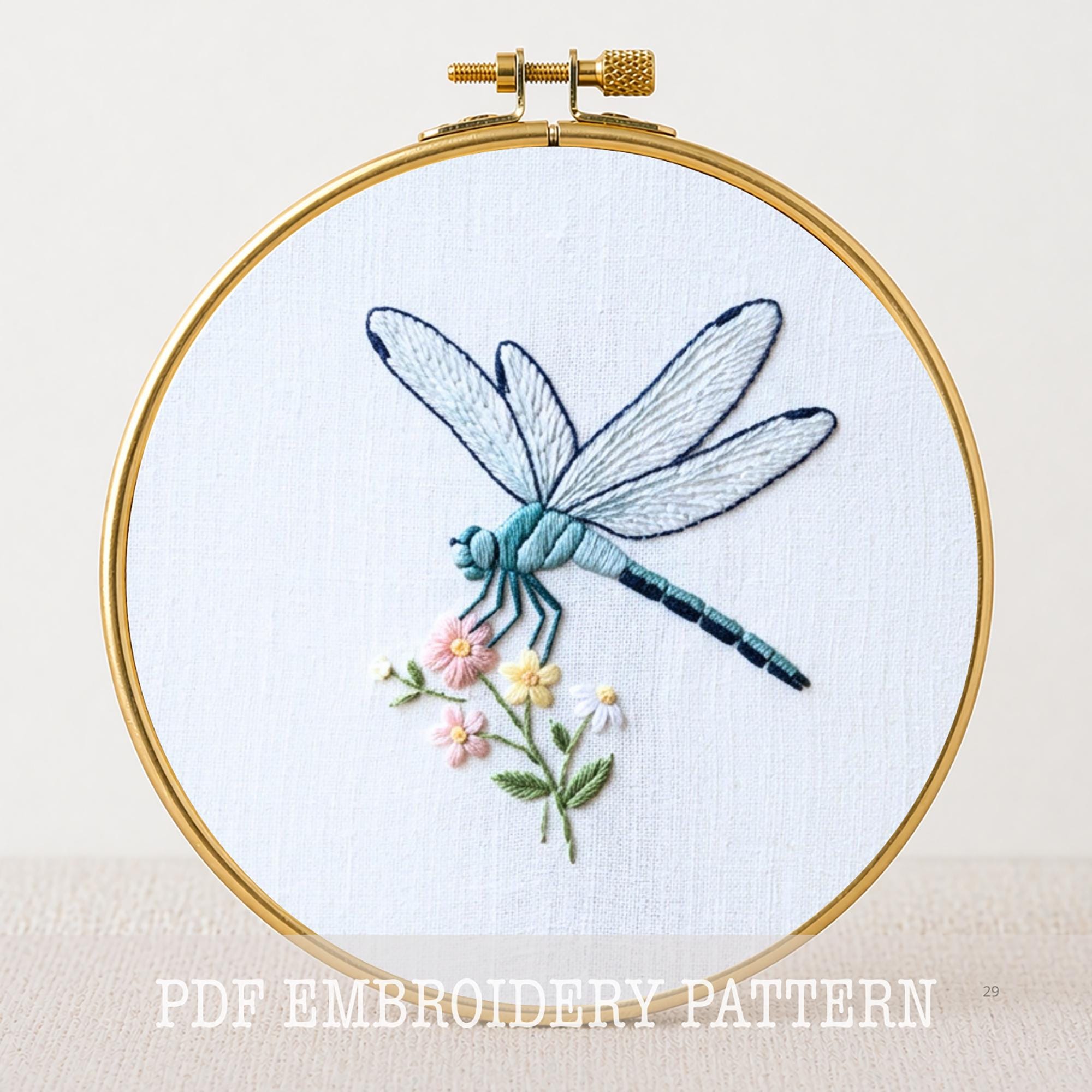 トンボの刺繍パターン：植物のリース、春のフープアート（PDFパターン
