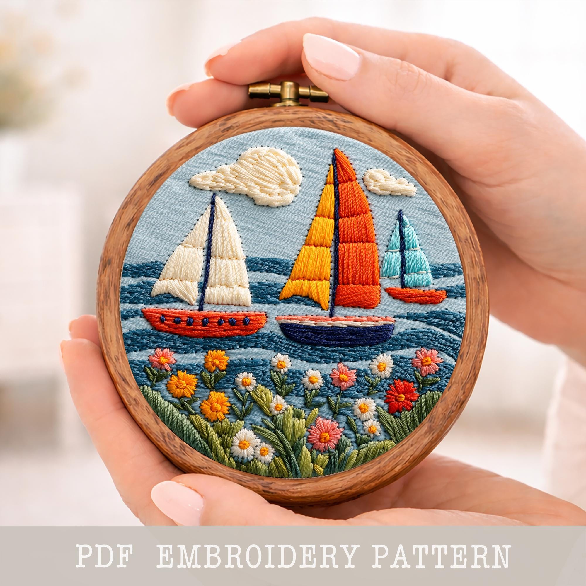 帆船の刺繍パターン：夏の風景線画（PDFテンプレート） - Etsy 日本