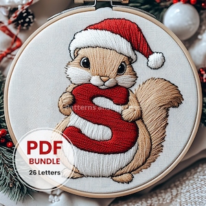 Bordado de monograma del alfabeto, adorno navideño con inicial personalizado, regalo de bordado a mano para principiantes, patrón de ardilla, apto para principiantes