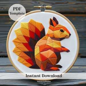 リスの刺繍、PDF パターン、森の動物、刺繍デザイン、クラフト、クリエイティブな刺繍、トレンディな刺繍、幾何学模様