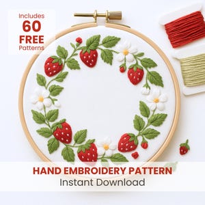 Strawberry Embroidery Pattern: Summer Fruit Wreath, farmhouse decor (PDF Printable, 6 Sizes)