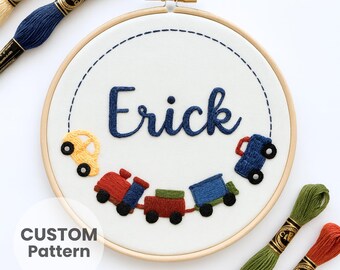 Custom Train Embroidery Pattern Personalized Nursery Decor PDF Downloadable Template 6 Sizes
