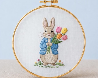 Peter Rabbit Tulip Bouquet Embroidery PDF Rabbit Holding Flowers Hoop Art Spring Gift Nursery Mother Day Decor Grandma Hobby Printable PDF