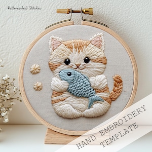 Cat Hand Embroidery Pattern, Kitty embroidery, Embroidery Design, Pet Embroidery Design, Cat and Fish, Embroidery Pattern, kids room decor