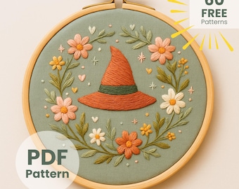 魔女帽子の手刺繍パターン、ハロウィン刺繍デザイン、魔女の手刺繍
