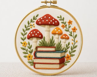 Mushroom Bookshelf Embroidery Pattern: Library Hoop Art, easy crafts (Digital Download)