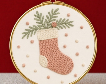 Pink Stocking Christmas Embroidery Template: Floral Ornament Pattern, instant download (PDF template)