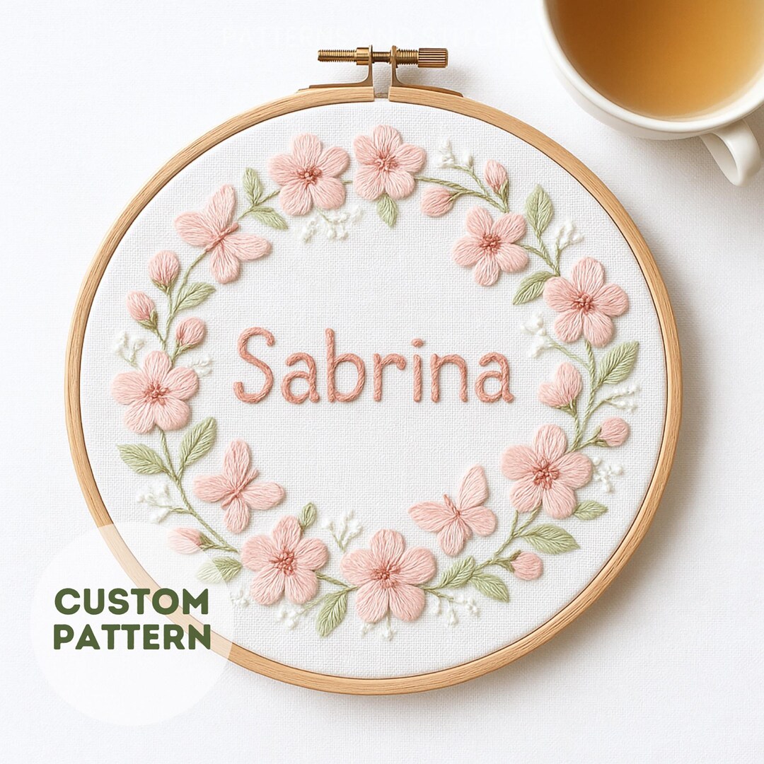 Floral Baby Name Embroidery Pattern Pink Flower Wreath Nursery Decor ...