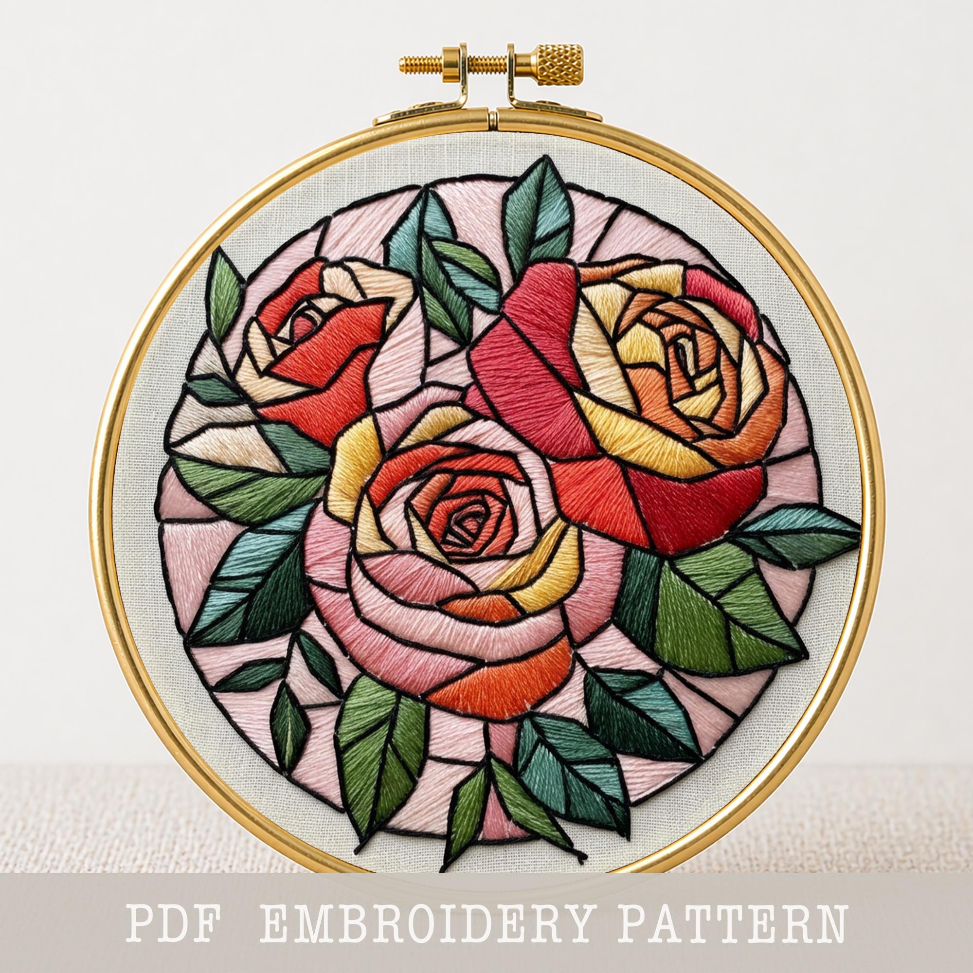 ステンドグラス風バラの刺繍パターン：花束、ニードルワーク（PDF