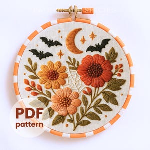 Halloween hand embroidery pattern PDF, moon embroidery, bats embroidery, spider web, autumn flowers, fall floral hoop decor, spooky season