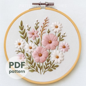 Rosa blombroderimönster: Handskissad blomstersöm (PDF-mall för nedladdning)