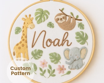 Custom Baby Name Embroidery Pattern: Safari Nursery Decor, personalized hoop (PDF Pattern