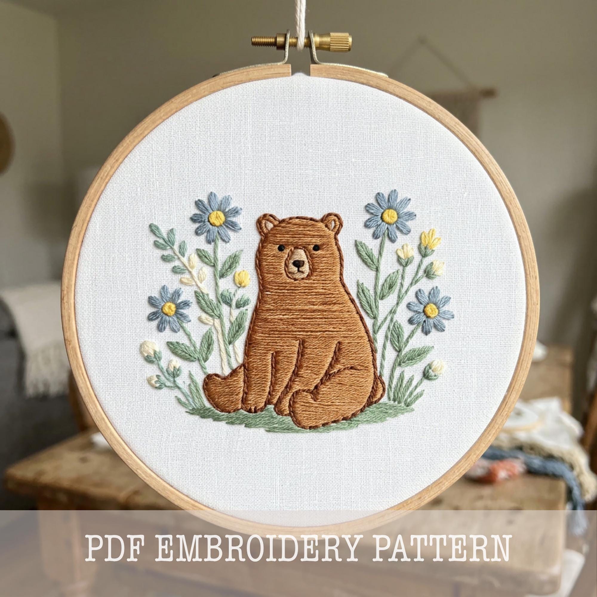 森のクマの刺繍パターン：動物の刺繍デザイン、刺繍枠装飾（PDF